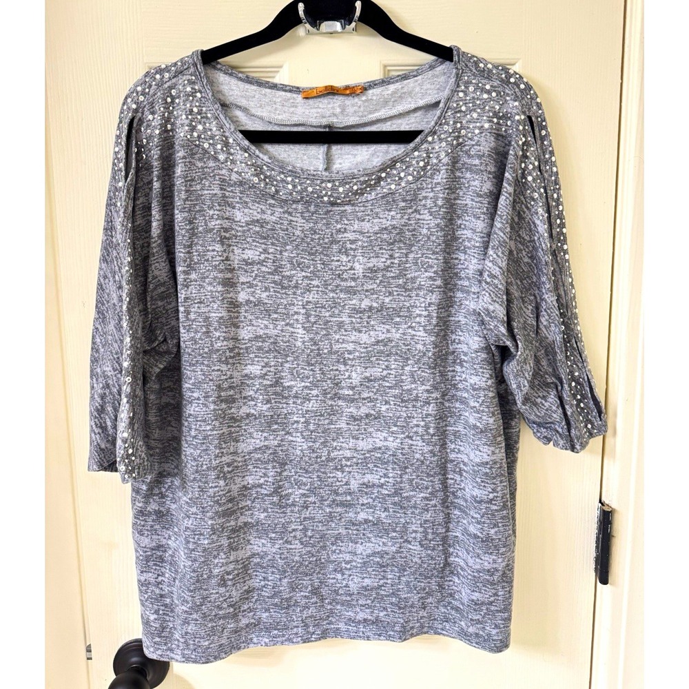 belldini Gray Knit Rhinestone Accent 3/4 Sleeve Round Neck Top 2X
